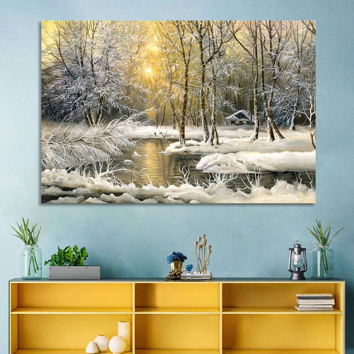 Sunlit Winter Cabin Wall Art in a room, landscape