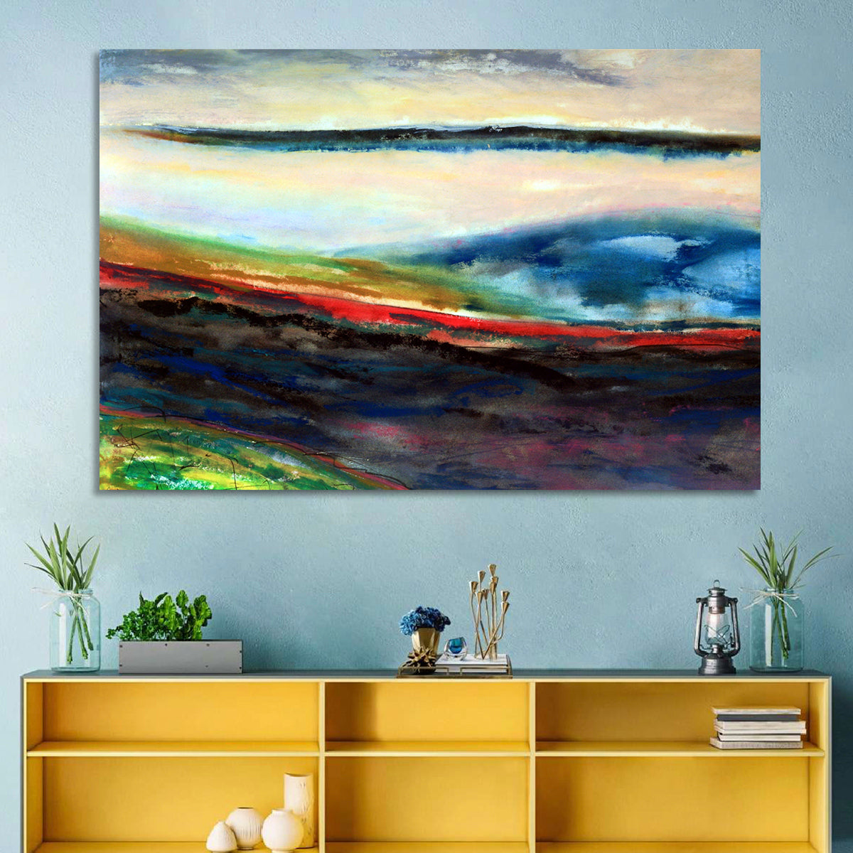 Moody Horizon Stripe Abstract Landscape Wall Art in a room, landscape