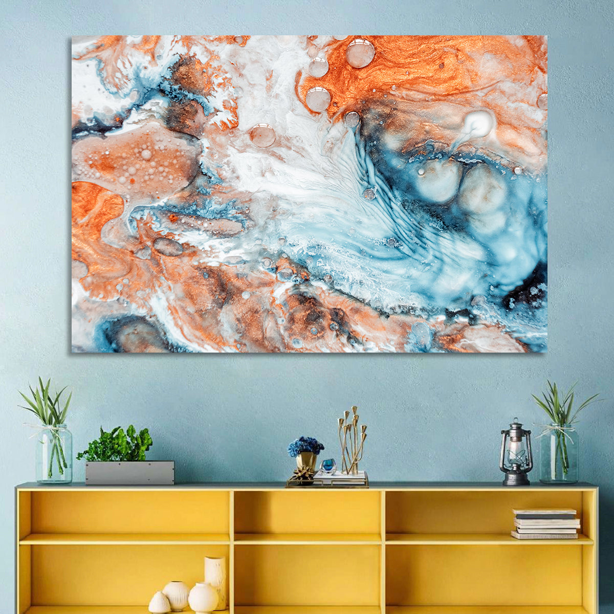 Copper Marble Fluid Abstract Wall Art in a room, landscape