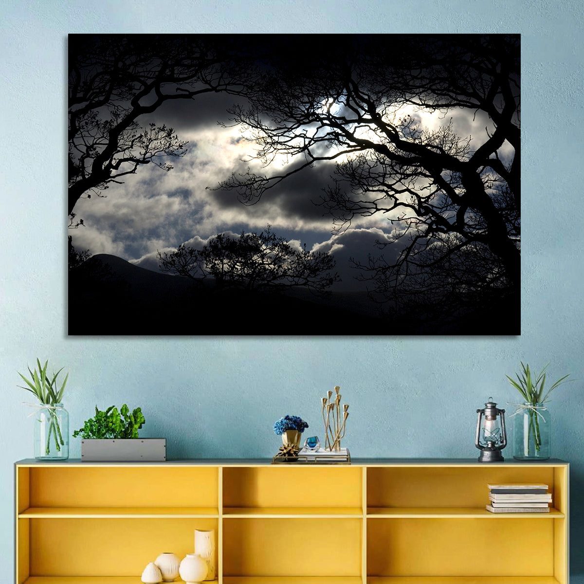 Storm Clouds Over Silhouetted Trees Wall Art in a room, landscape