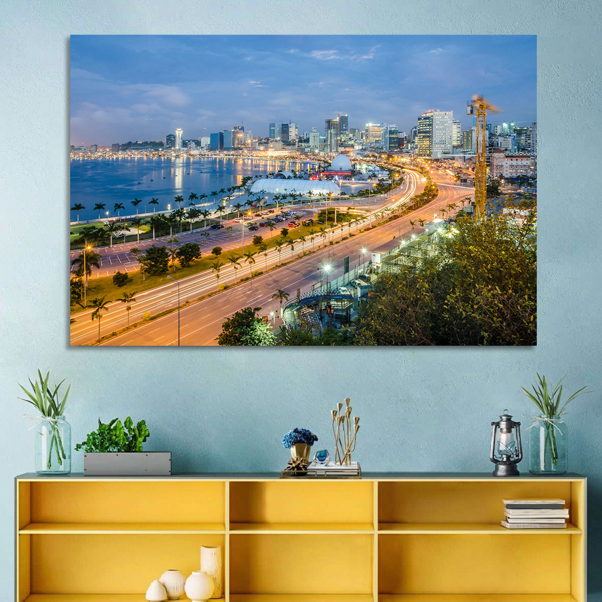 Luanda Bay Twilight Skyline Wall Art in a room, landscape
