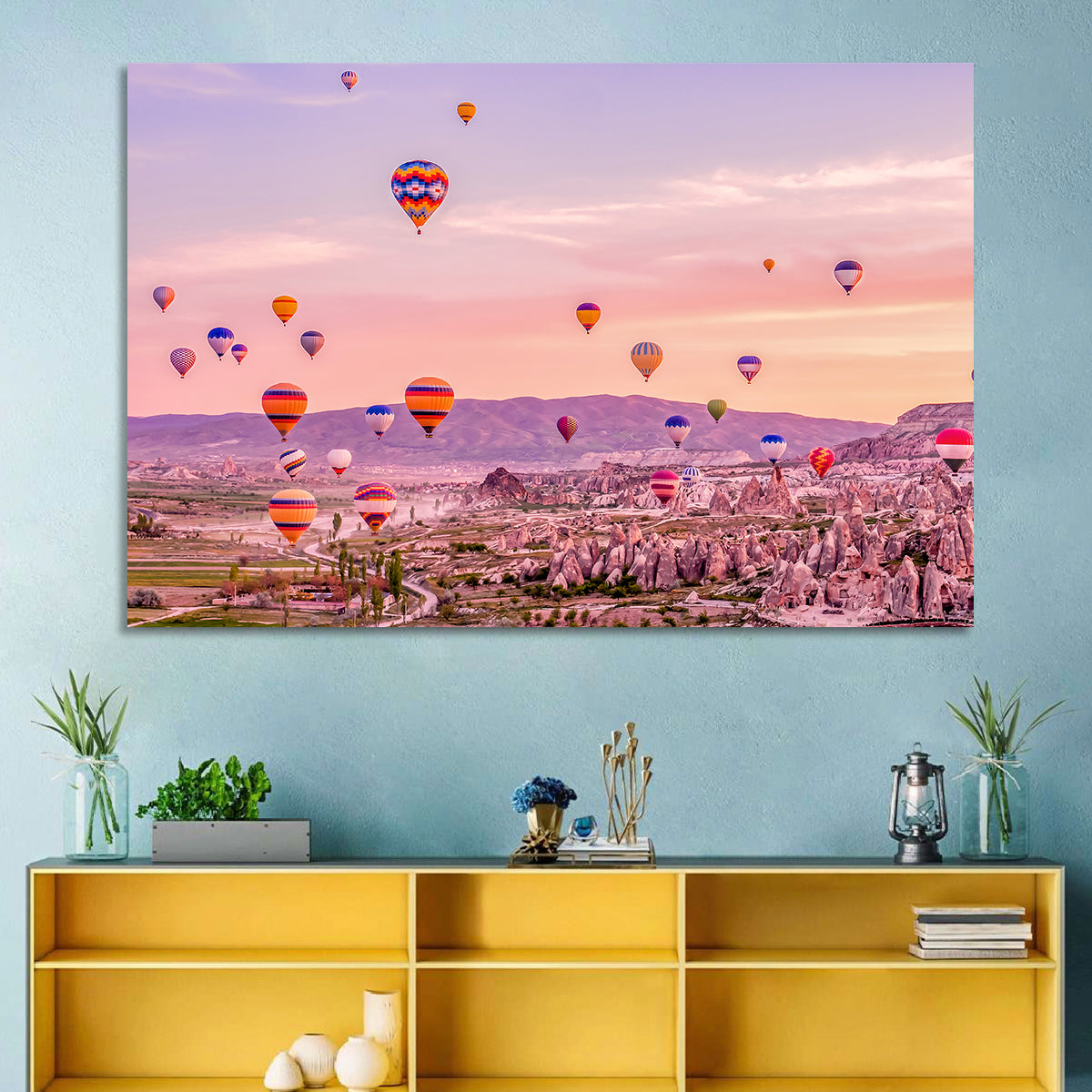 Cappadocia Hot Air Balloons Wall Art in a room, landscape