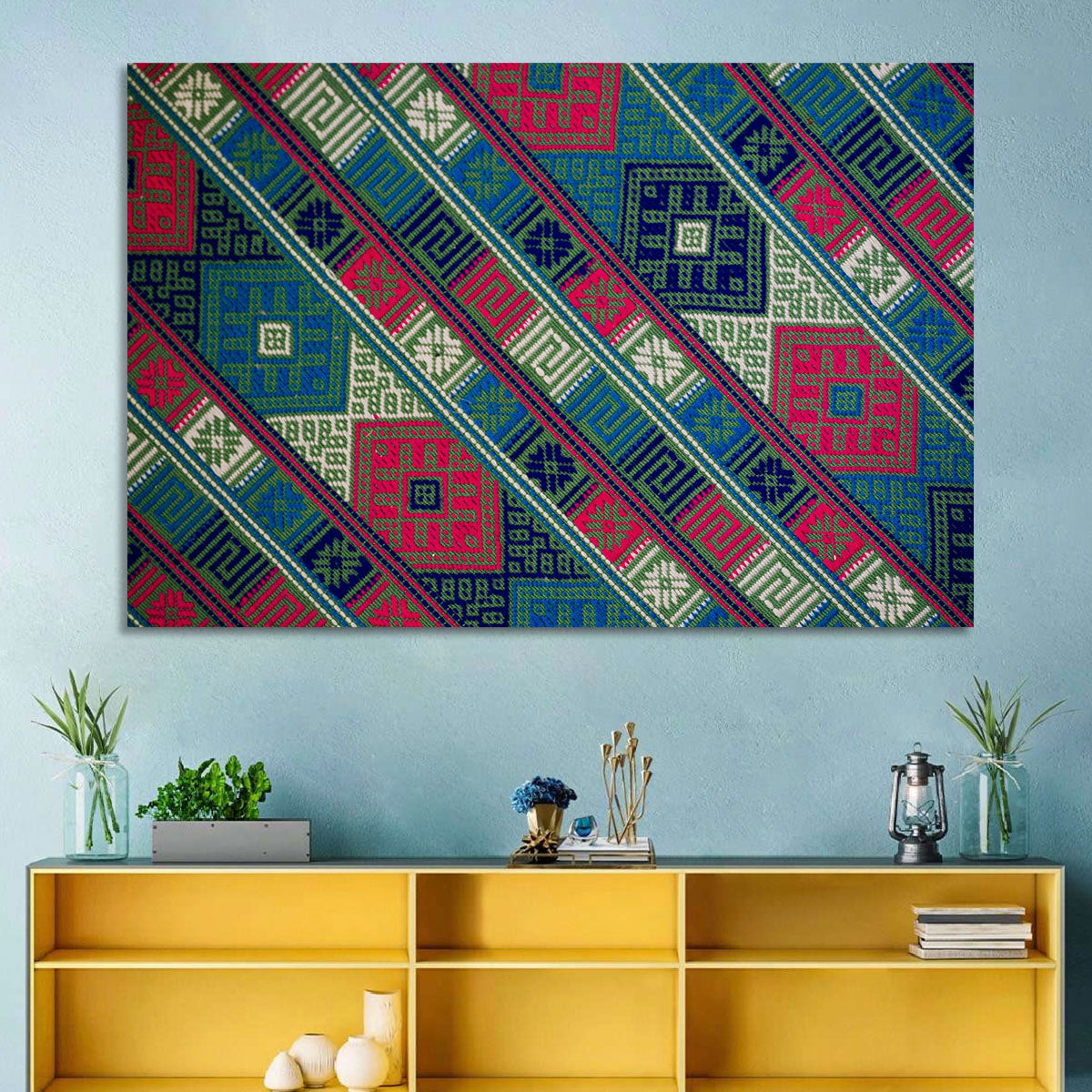 Handwoven Geometric Textile Wall Art in a room, landscape