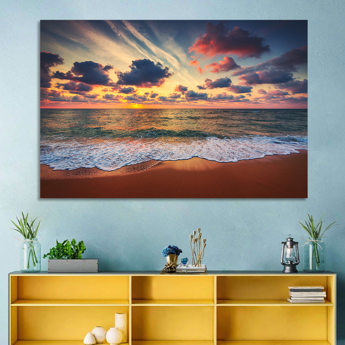 Golden Hour Beach Waves Under Cloudy Sky Wall Art in a room, landscape