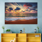 Golden Hour Beach Waves Under Cloudy Sky Wall Art