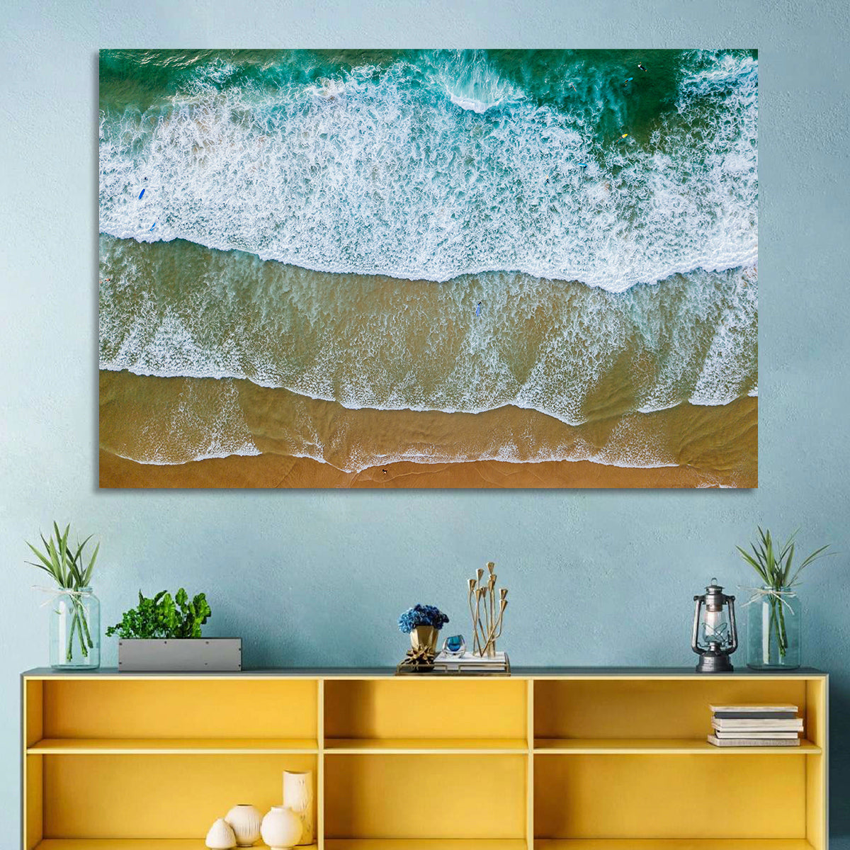 Aerial Teal Beach with Surfers Wall Art in a room, landscape