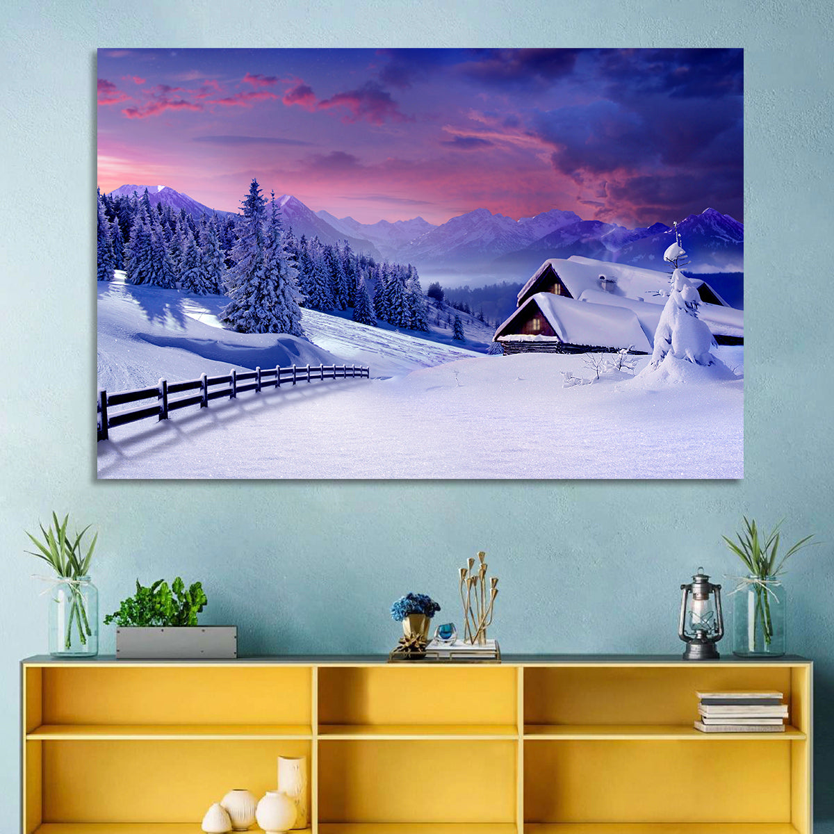 Snowy Mountain Cabin Wall Art in a room, landscape