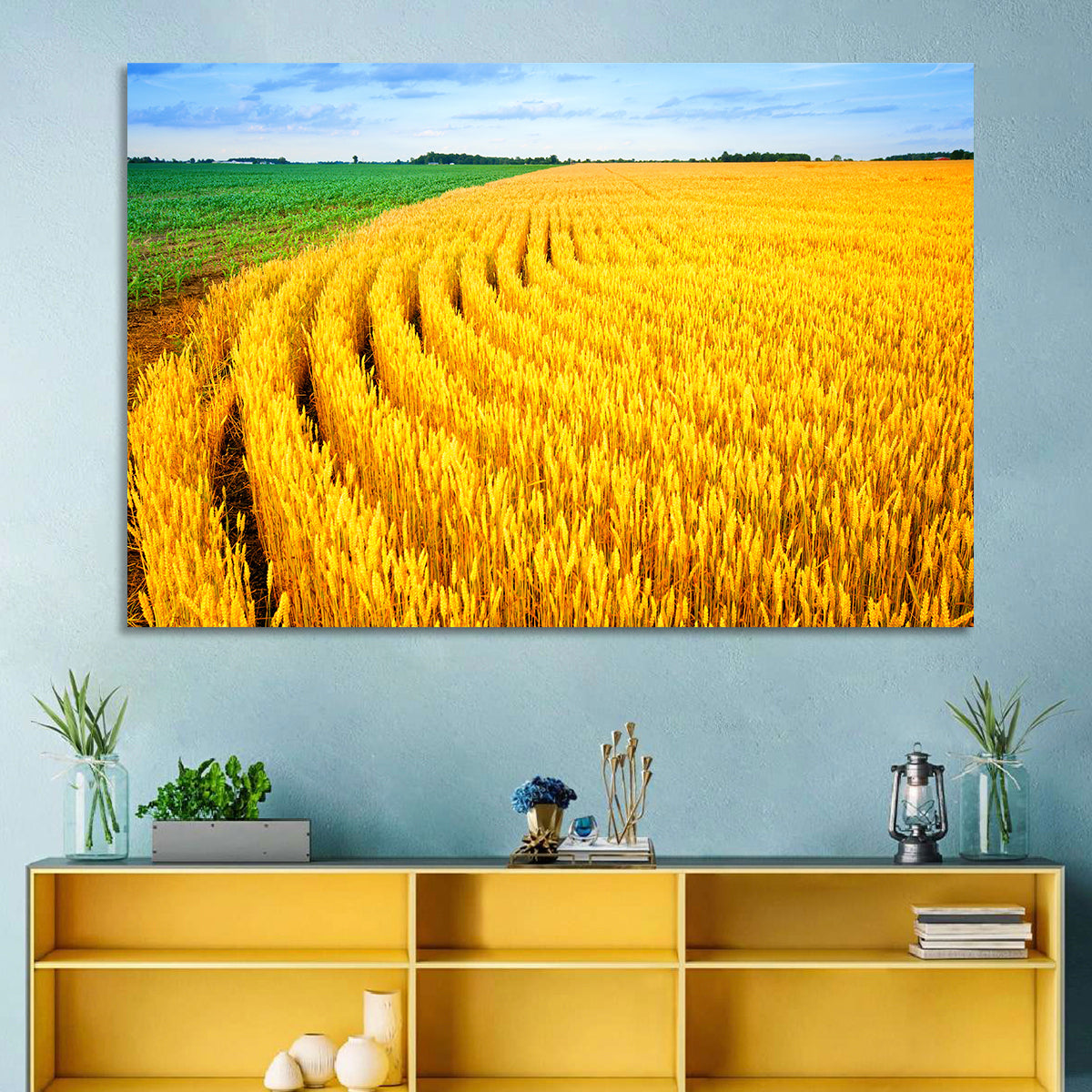 Summer Wheat Field with Curved Paths Wall Art in a room, landscape