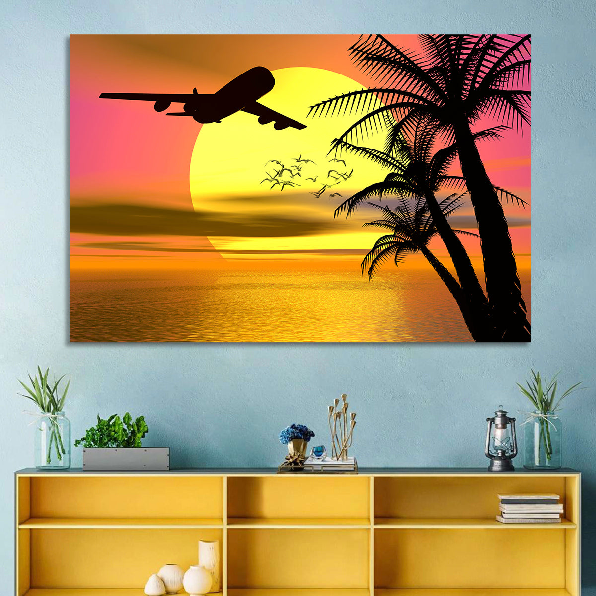 Wide-body Airplane Over Caribbean Dusk Wall Art in a room, landscape