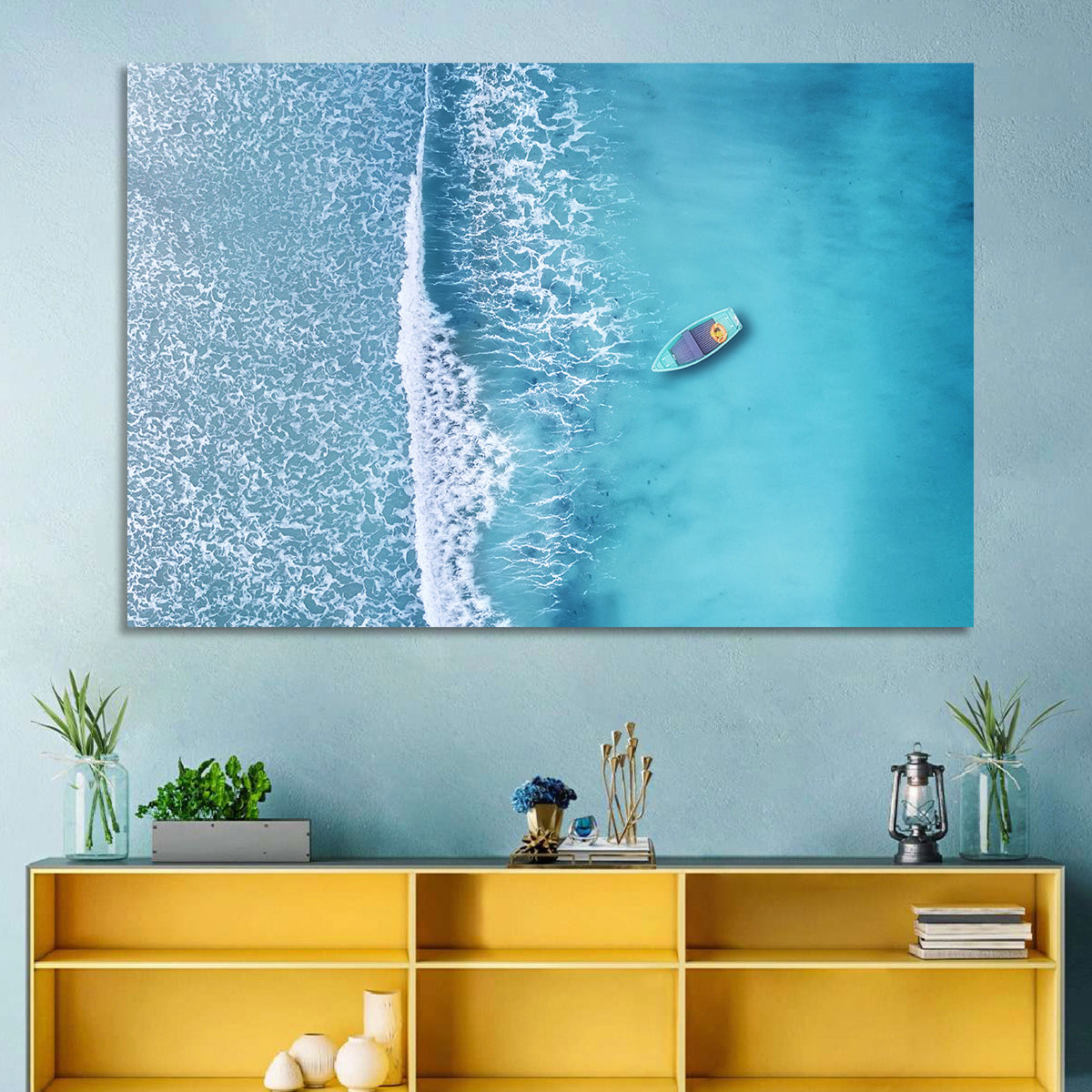 Lone Boat Over Turquoise Waves Wall Art in a room, landscape