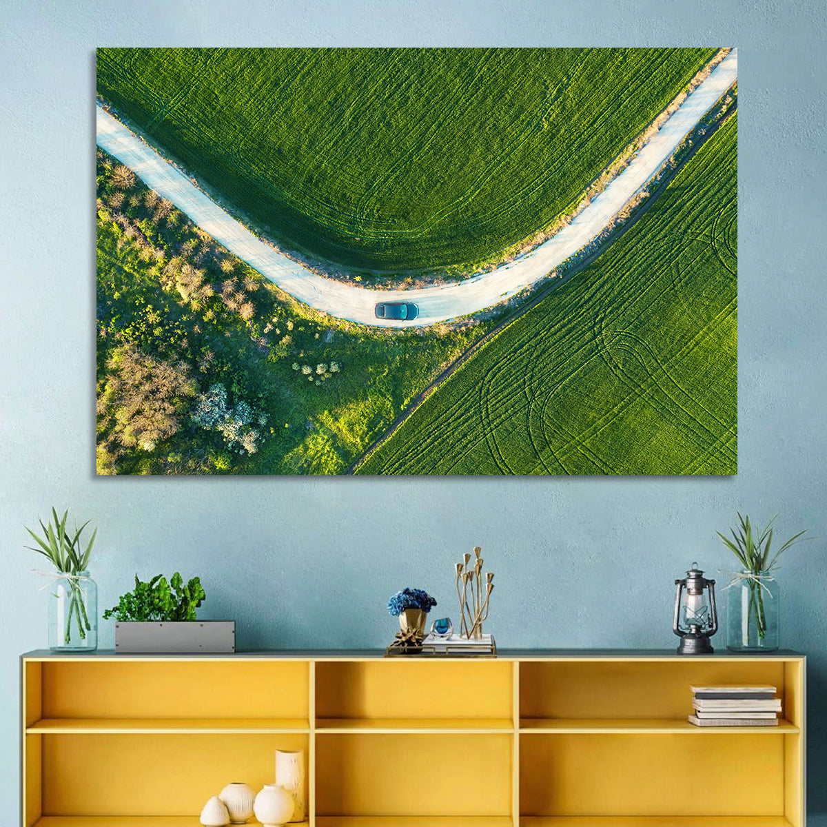 Aerial Farm Fields at Golden Hour Wall Art in a room, landscape