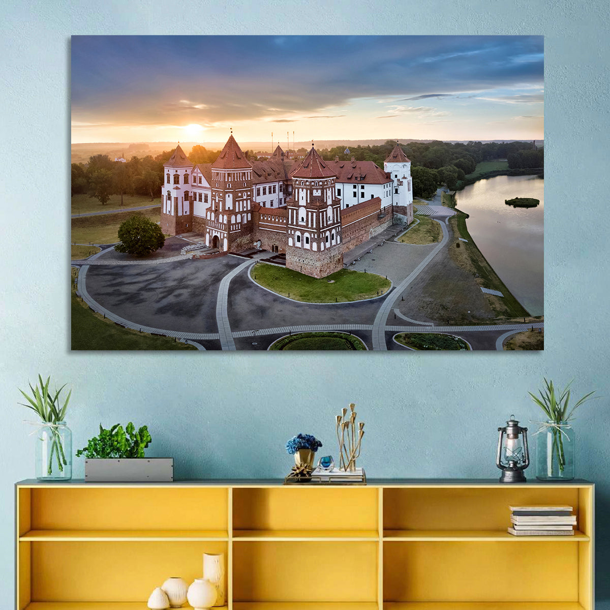 Mir Castle Sunrise Over Lake Wall Art in a room, landscape