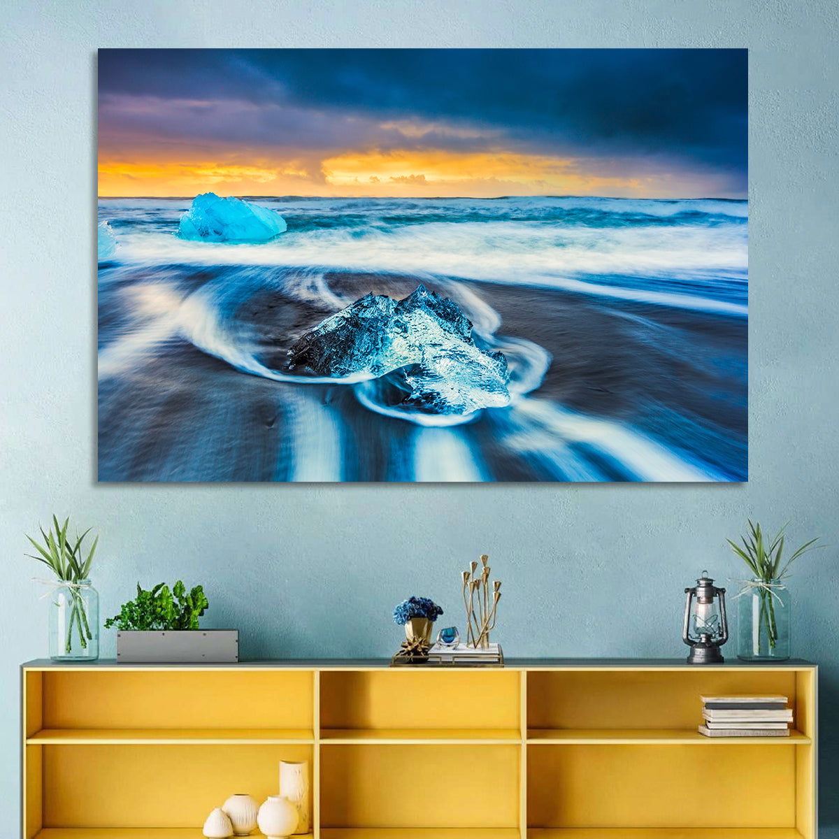 Diamond Beach Ice at Dusk Wall Art in a room, landscape