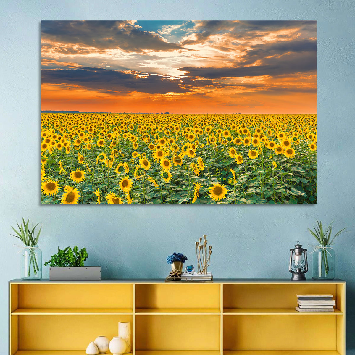Golden Hour Sunflower Field Wall Art in a room, landscape