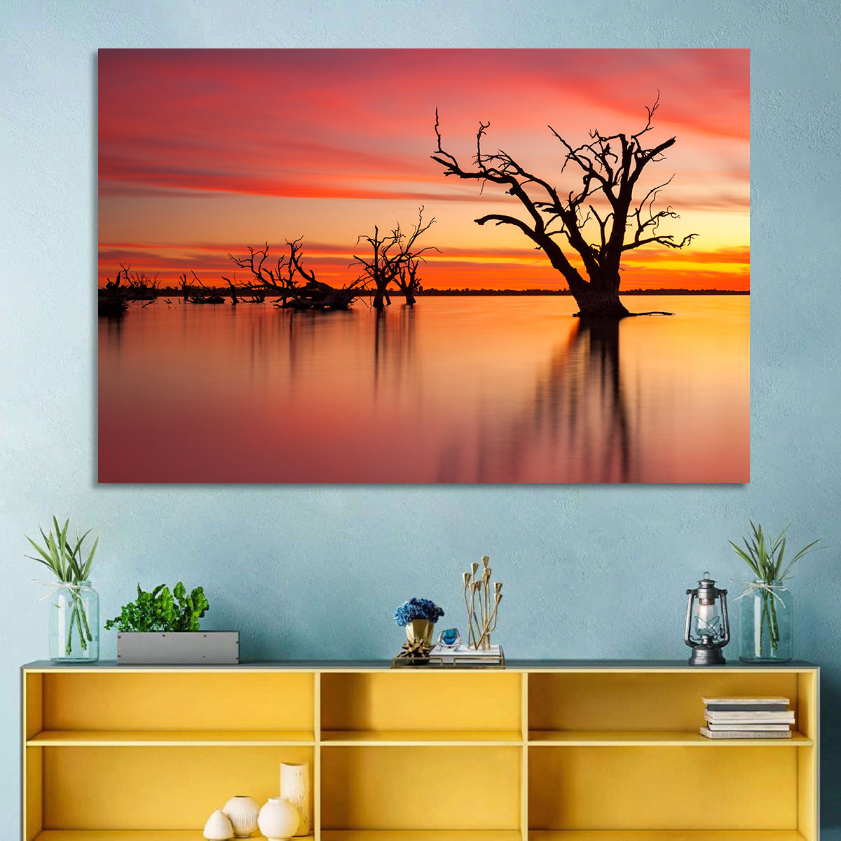 Lake Bonney Sunset Reflections Wall Art in a room, landscape