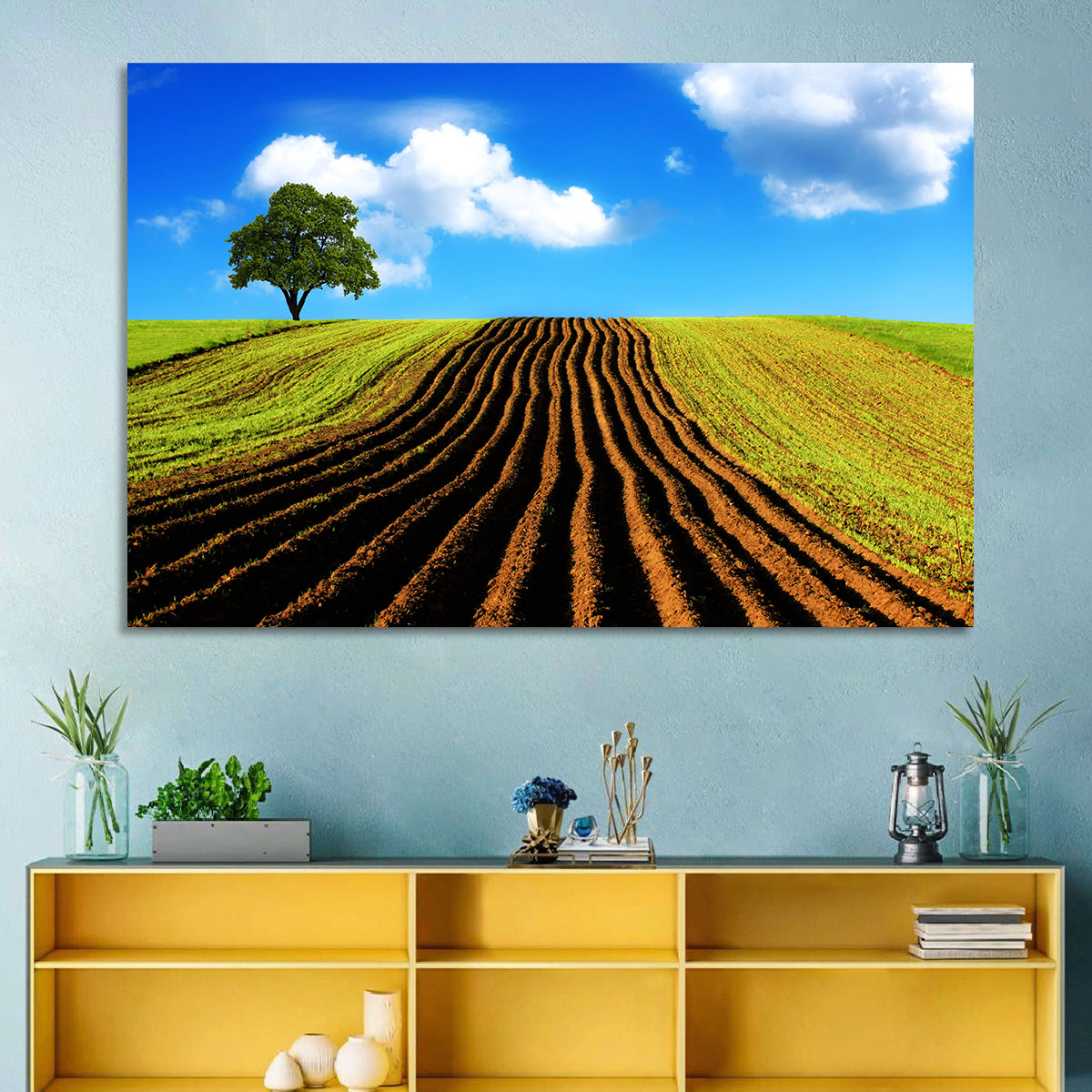 Plowed Field with Lone Tree Wall Art in a room, landscape