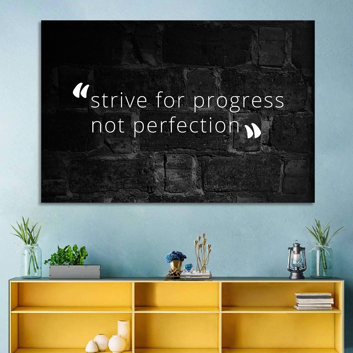 Strive for Progress Brick Typography Wall Art in a room, landscape