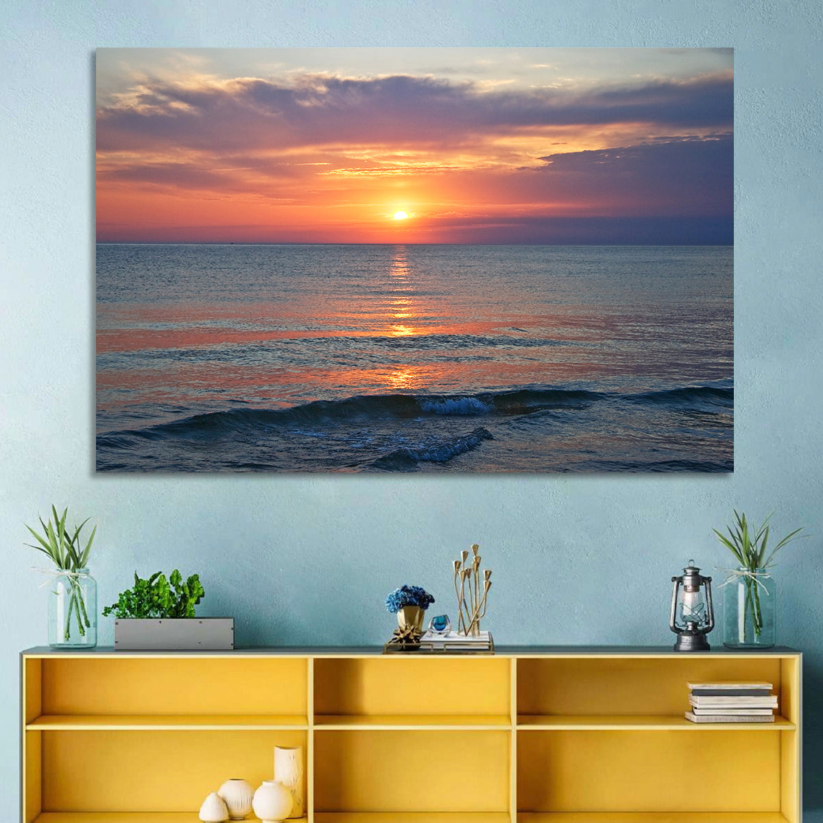 Lake Michigan Sunset Reflection Wall Art in a room, landscape