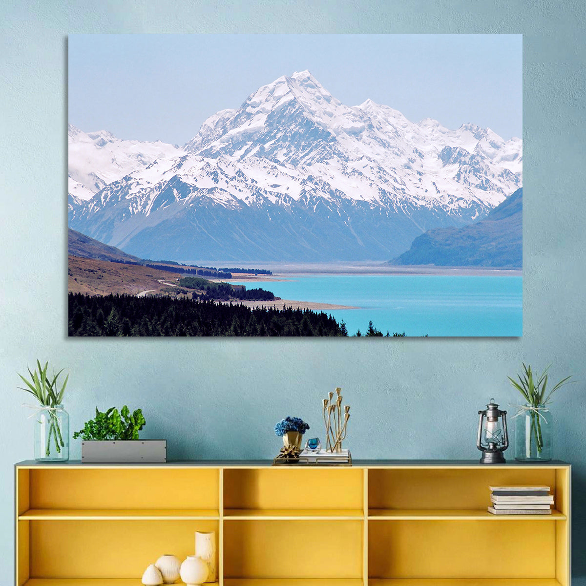 Lake Pukaki and Aoraki Mount Cook Wall Art in a room, landscape