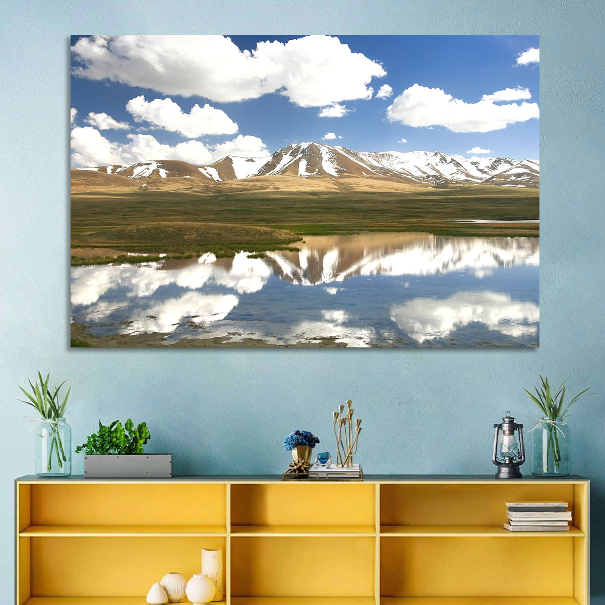 Song Kul Lake Reflection Wall Art in a room, landscape