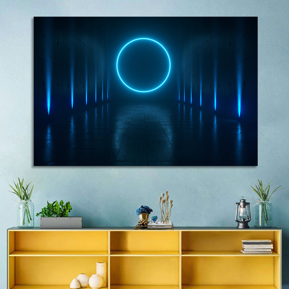 Glowing Neon Corridor Wall Art in a room, landscape