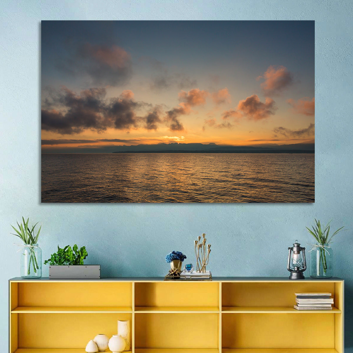 Lake Leman Golden Sunset Wall Art in a room, landscape