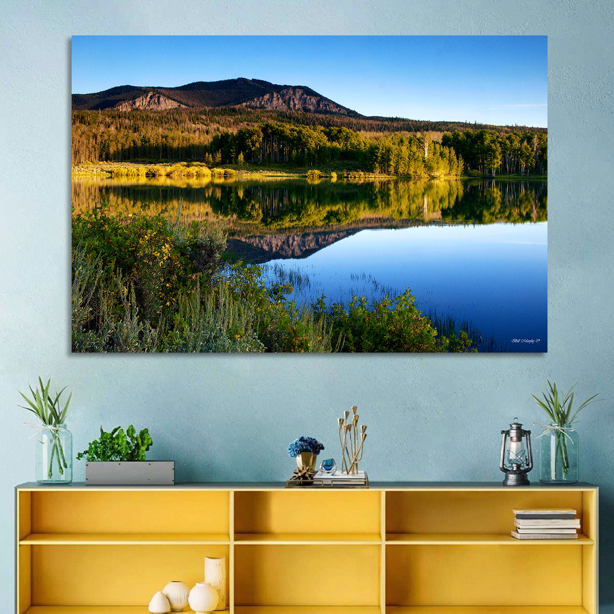 Golden Hour Mountain Lake Wall Art in a room, landscape