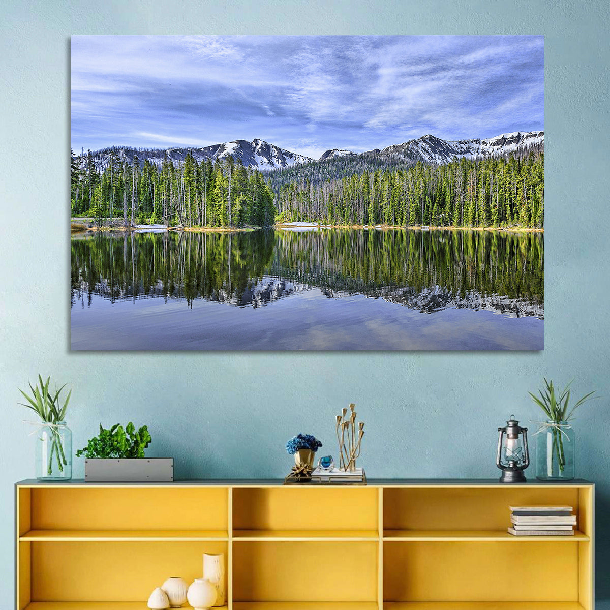 Lake Sylvan Reflection Wall Art in a room, landscape