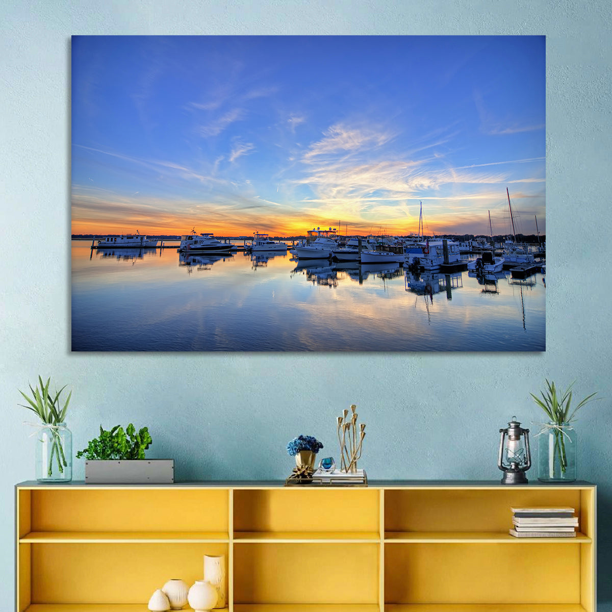 Marina at Golden Hour Wall Art in a room, landscape