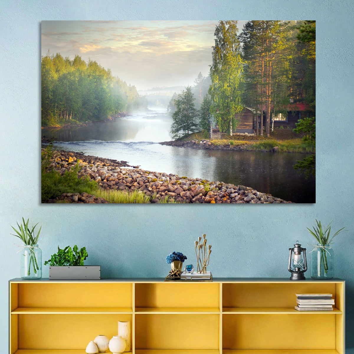 Misty River with Red Roof Cabin Wall Art in a room, landscape