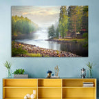 Misty River with Red Roof Cabin Wall Art