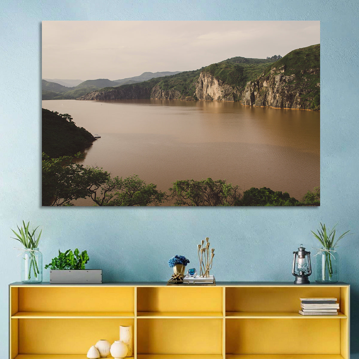Lake Nyos Cliff View Wall Art in a room, landscape
