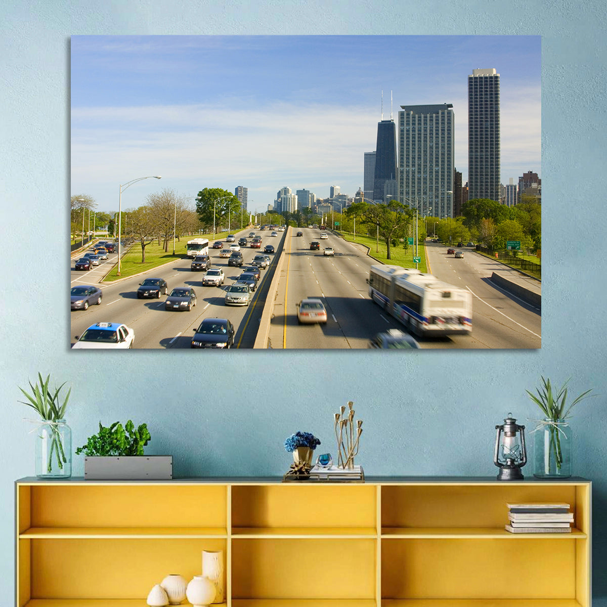 Chicago Expressway Toward Downtown Skyline Wall Art in a room, landscape