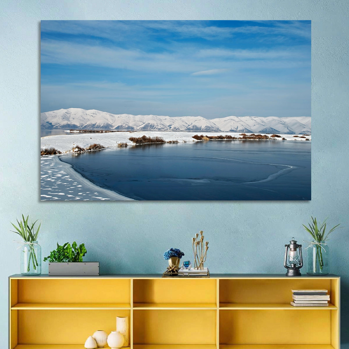 Lake Sevan Winter Landscape Wall Art in a room, landscape