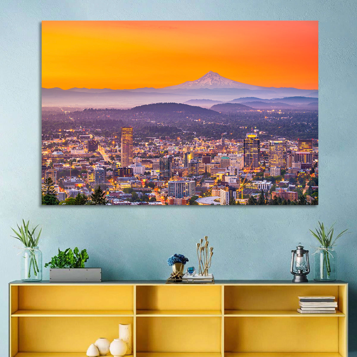 Mount Hood Over Portland Skyline Wall Art in a room, landscape