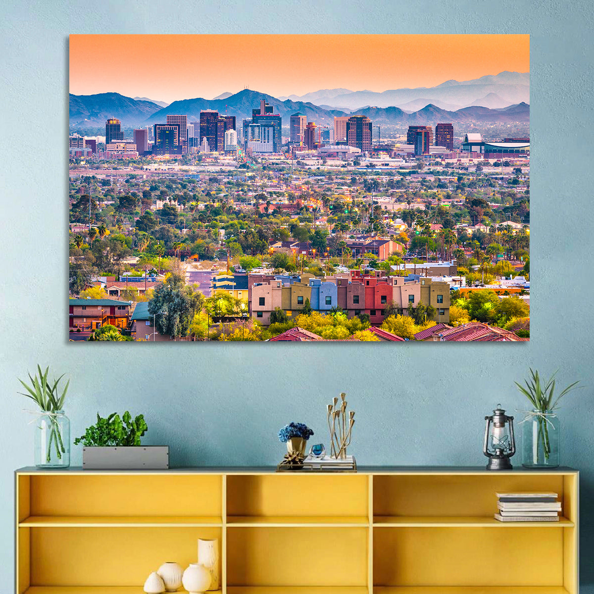 Phoenix Golden Hour Cityscape Wall Art in a room, landscape