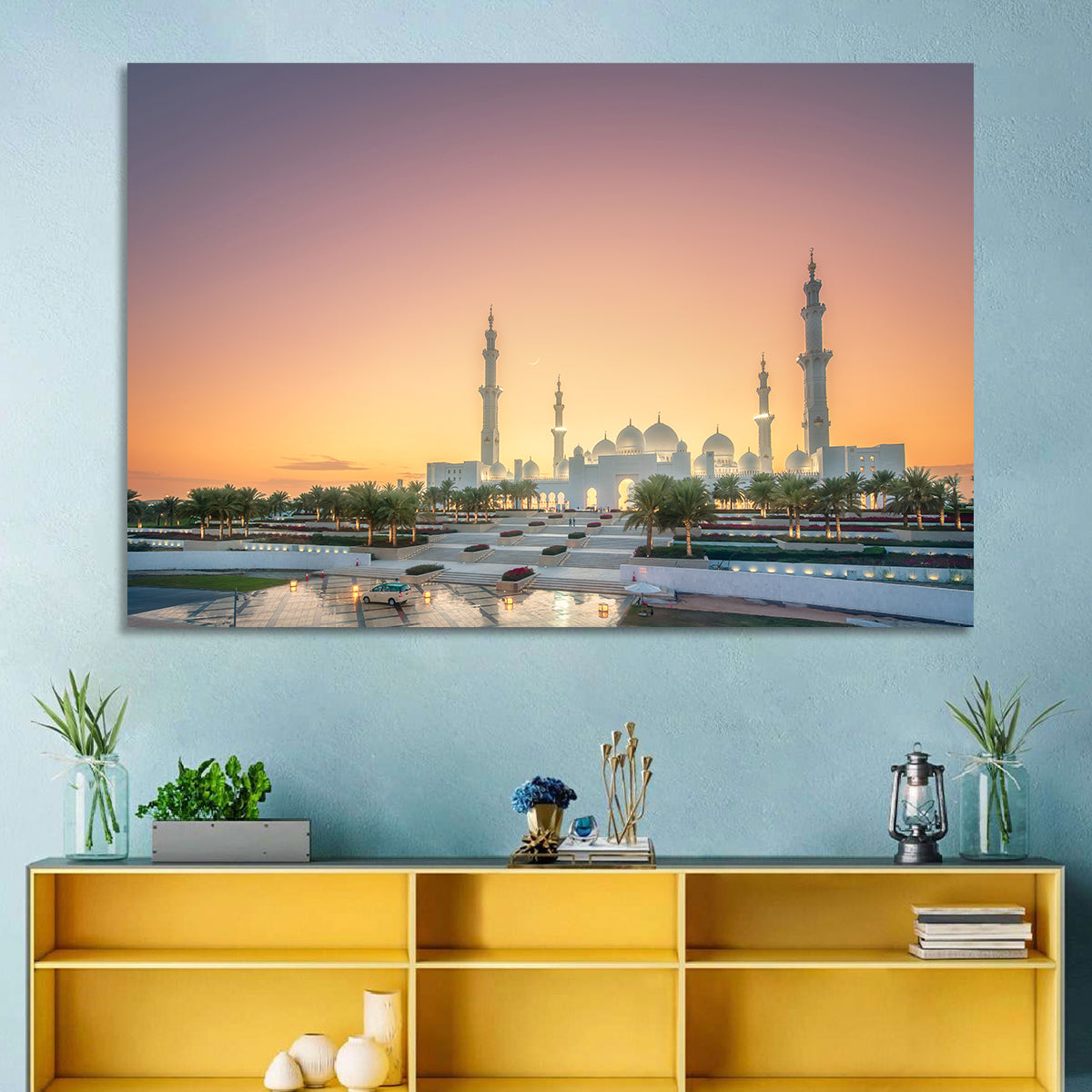Sheikh Zayed Grand Mosque at Sunset Wall Art in a room, landscape