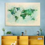 Green Watercolor World Map Wall Art