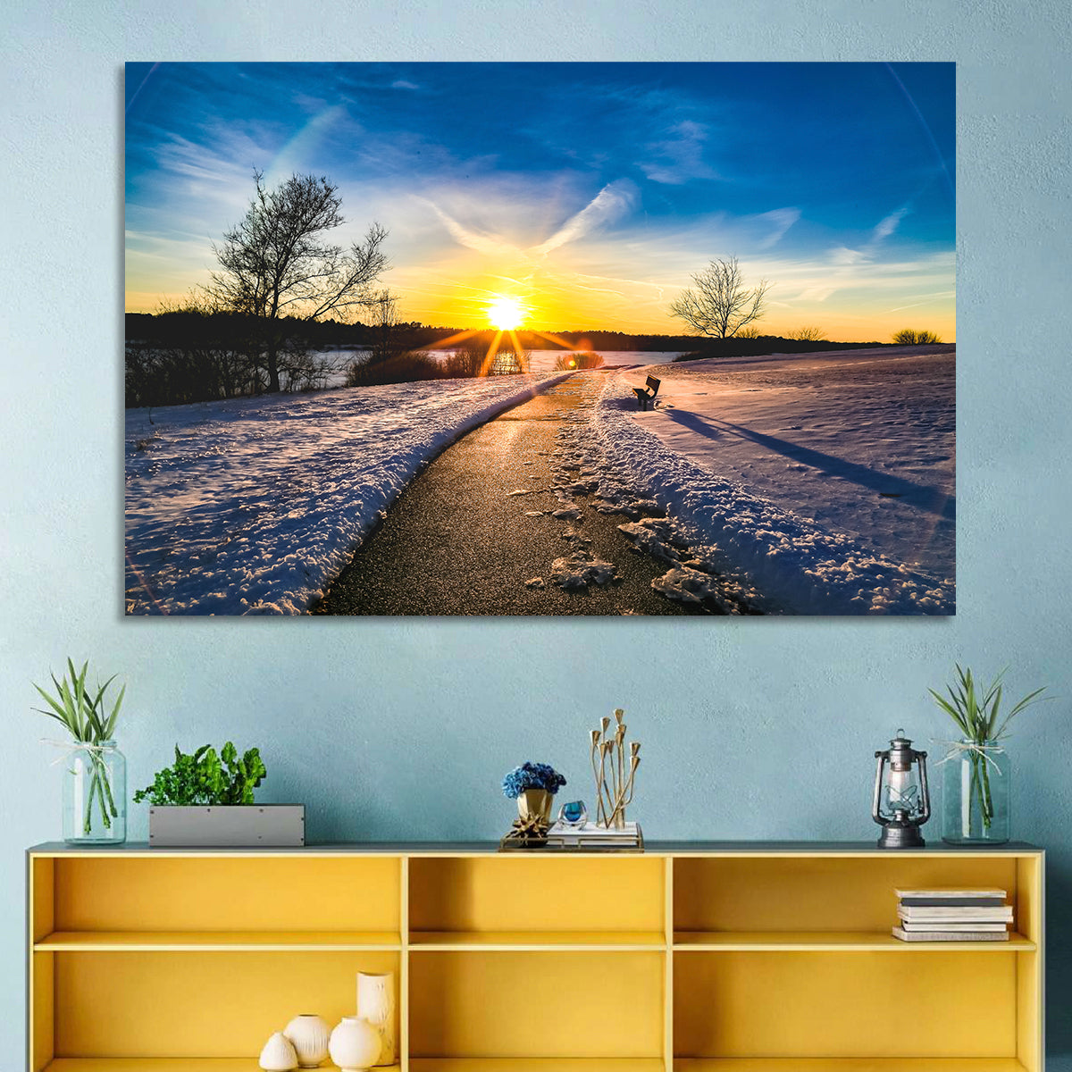 Lake Zorinsky Winter Sunrise Wall Art in a room, landscape