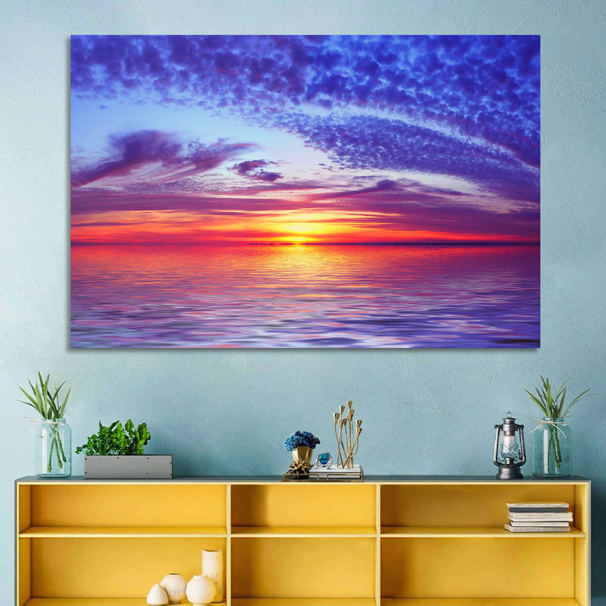 Bay Beach Sunset Wall Art in a room, landscape
