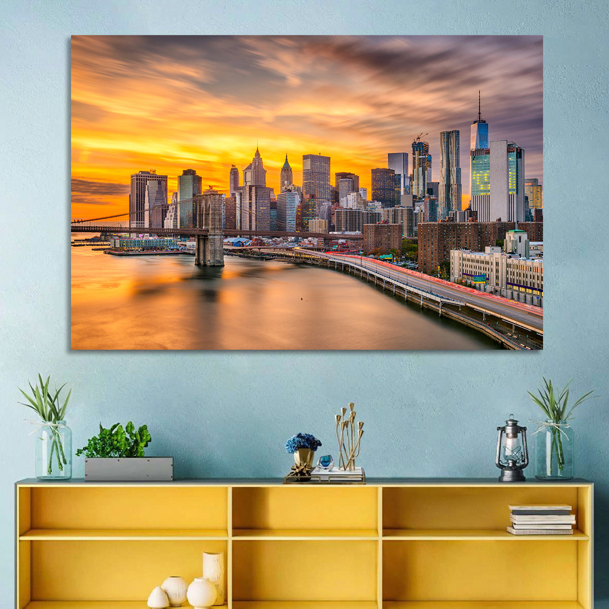 Lower Manhattan Skyline Wall Art in a room, landscape