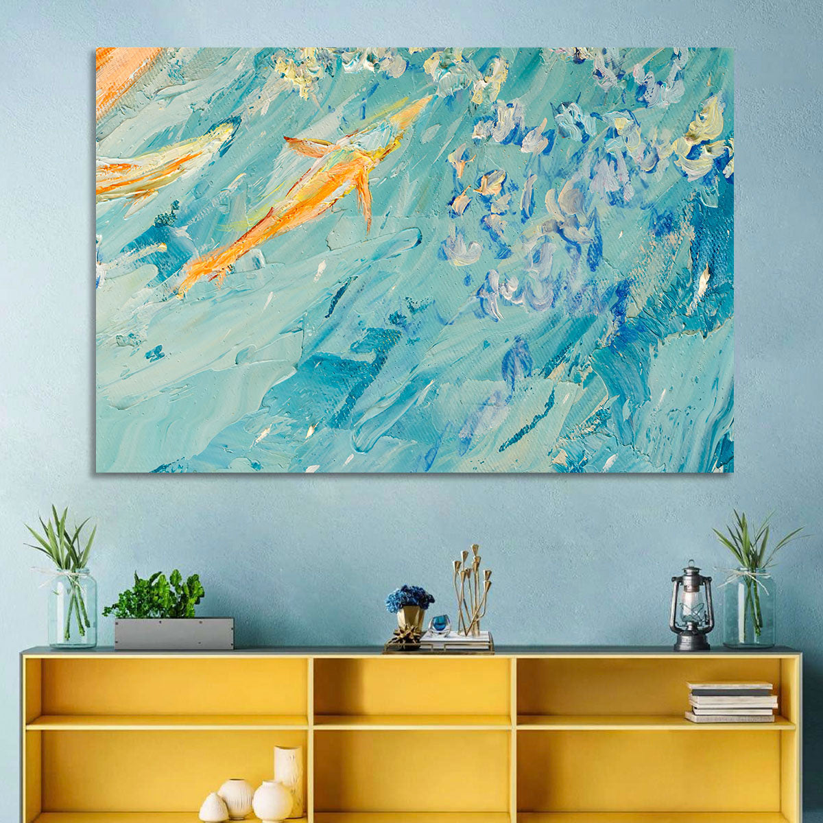 Koi in Blue Abstract Wall Art in a room, landscape