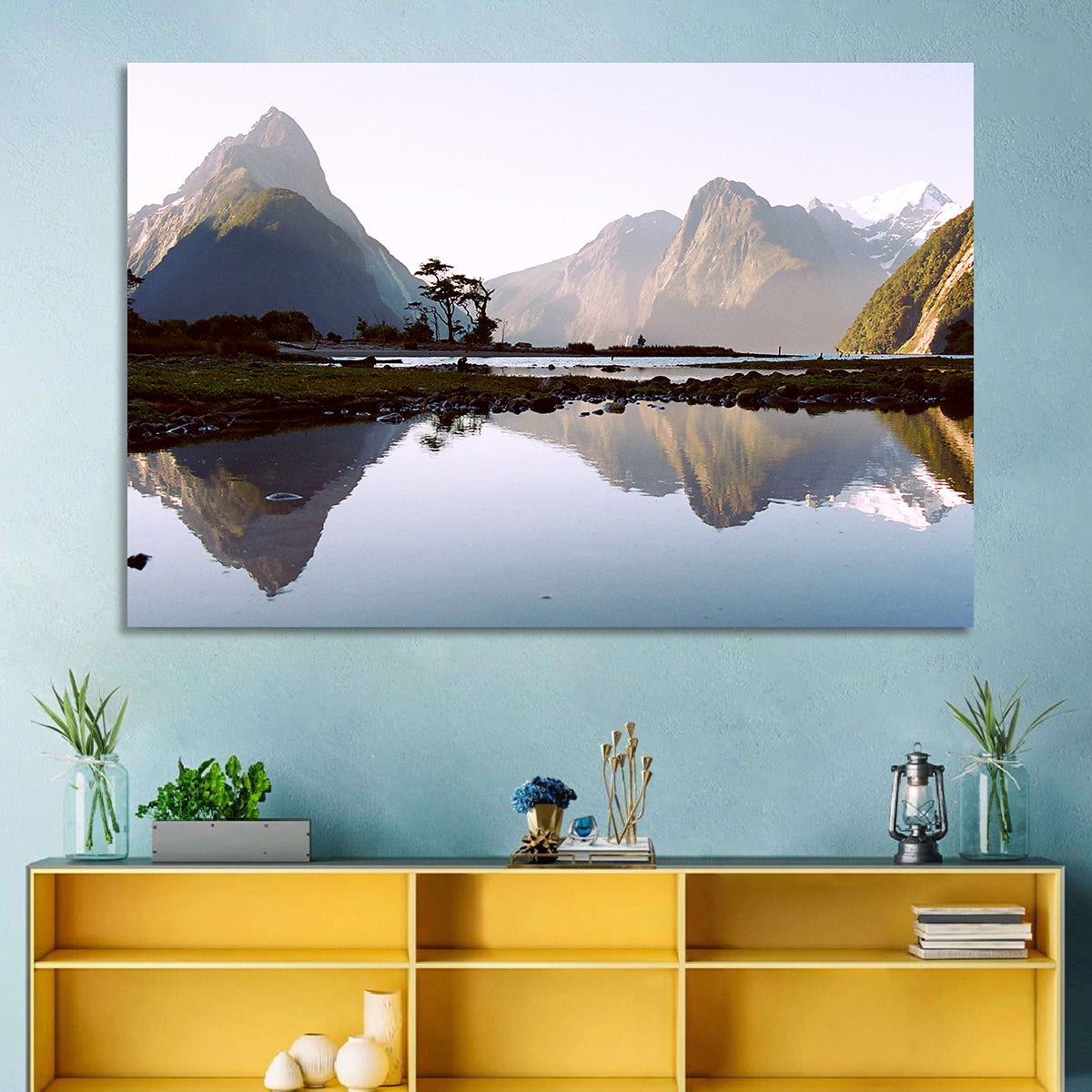 Mitre Peak Reflection at Milford Sound Wall Art in a room, landscape