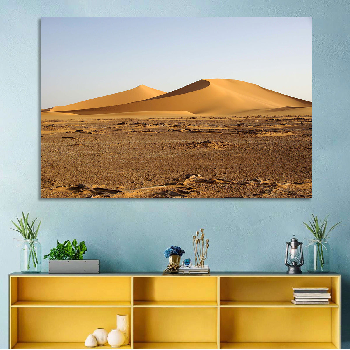 Golden Hour Desert Dunes Wall Art in a room, landscape