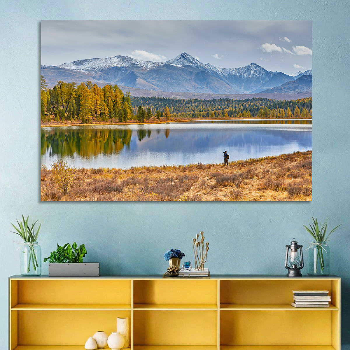 Autumn Mountain Lake Reflection Wall Art in a room, landscape