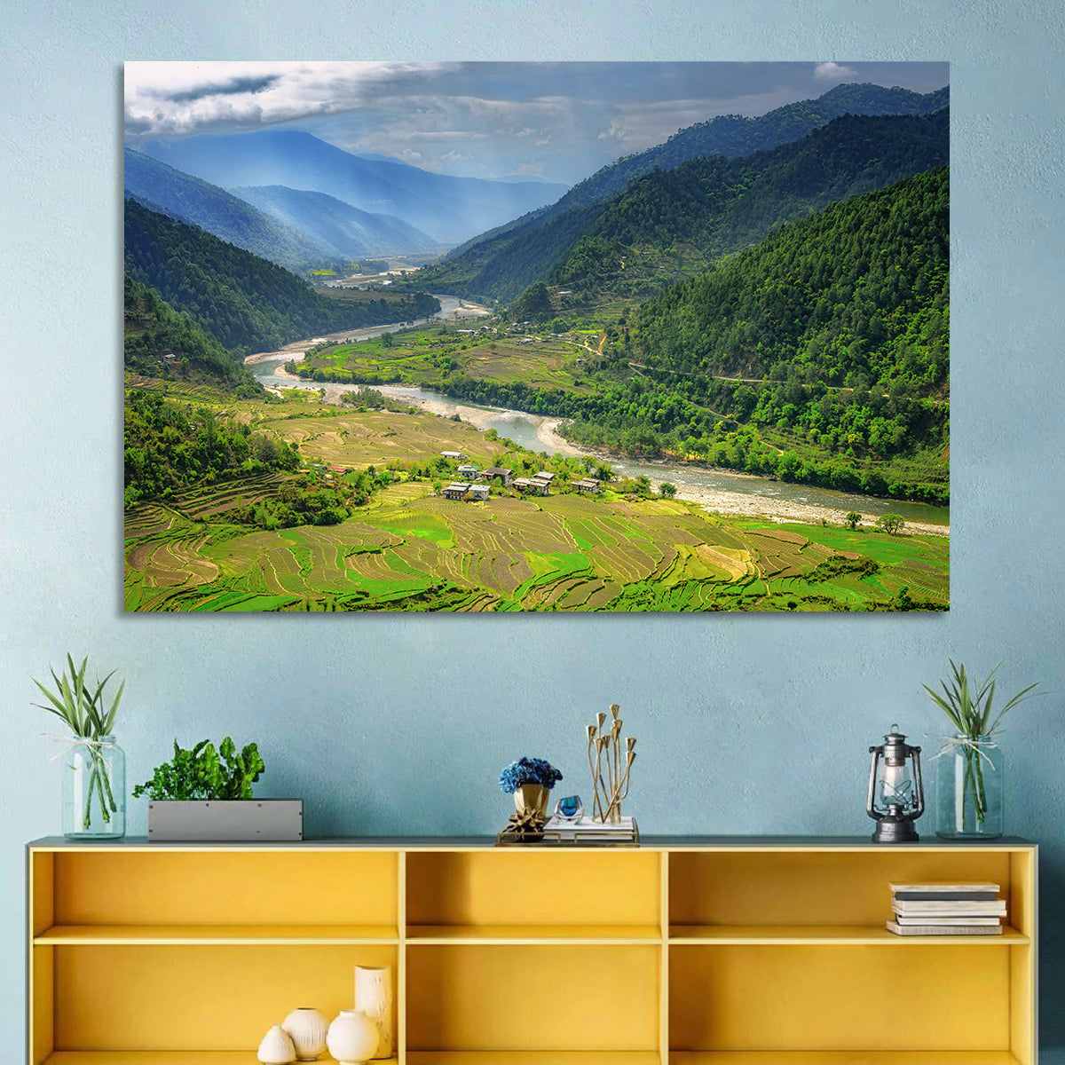 Punakha River Valley with Terraced Rice Fields Wall Art in a room, landscape
