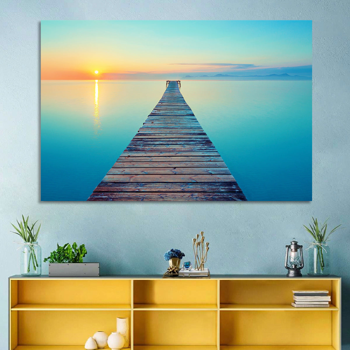 Wooden Footbridge at Sunset Wall Art in a room, landscape