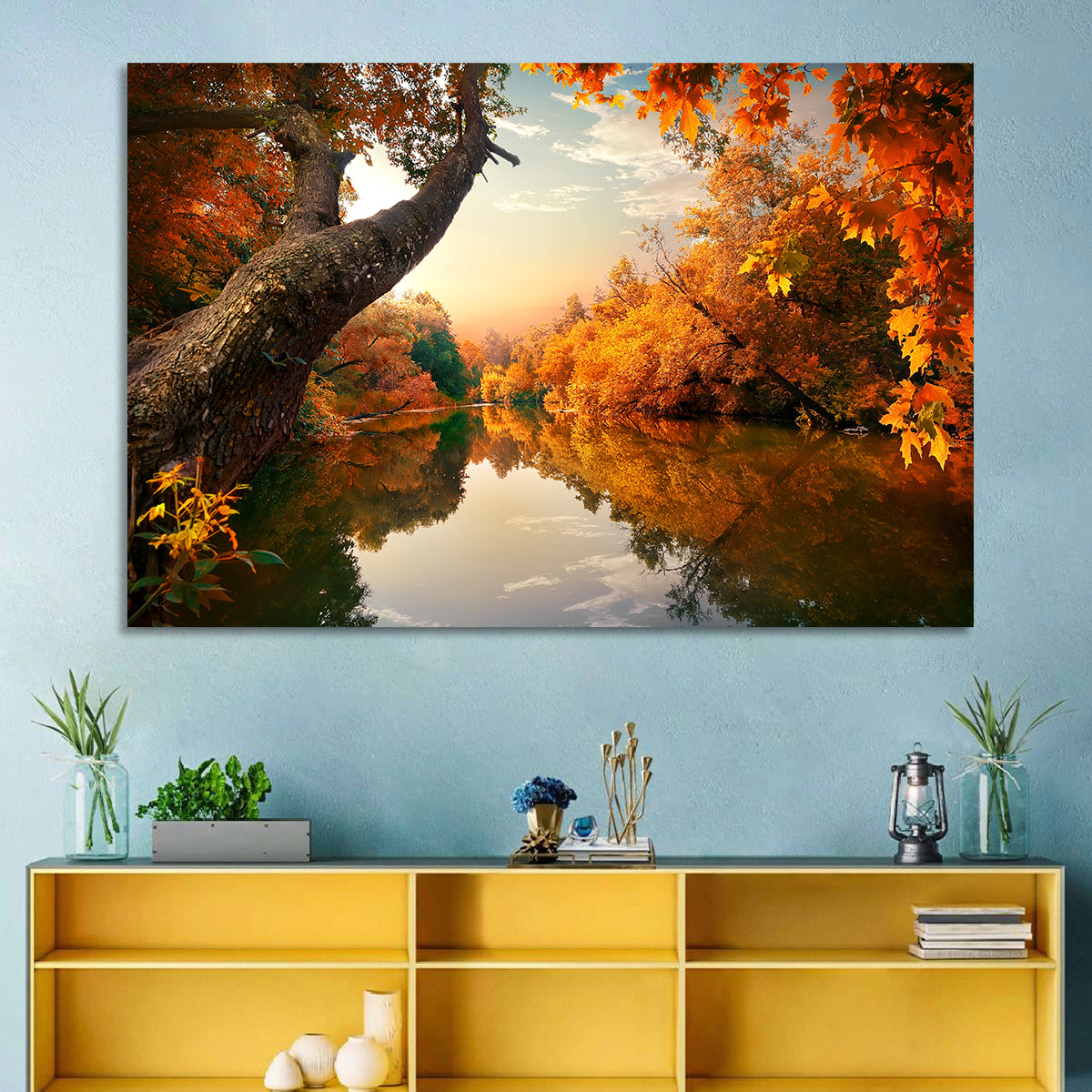 Golden Autumn River Reflections Wall Art in a room, landscape