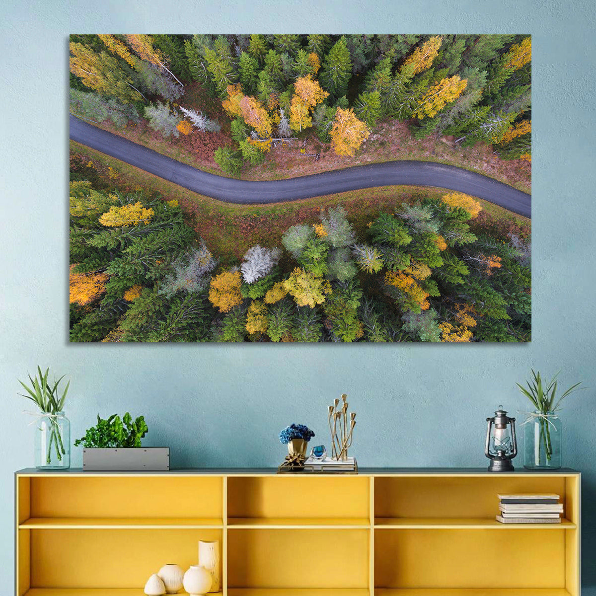 Aerial Autumn Forest Road Wall Art in a room, landscape