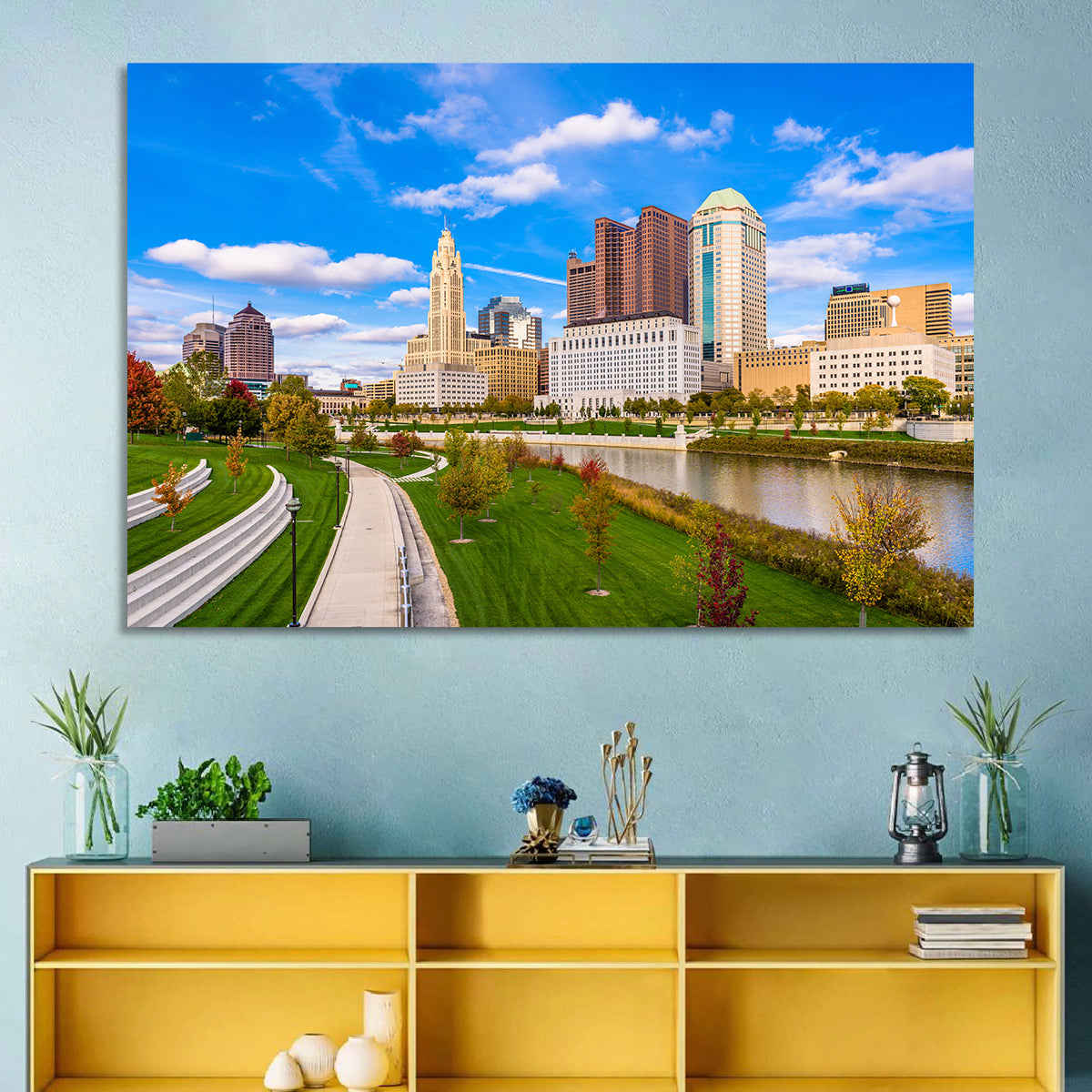 Columbus Skyline Wall Art in a room, landscape